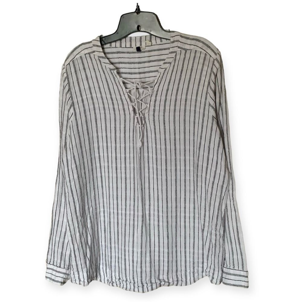 BKE Eased Black and White Striped Long Sleeve Cotton Tunic with Tie Size Large
